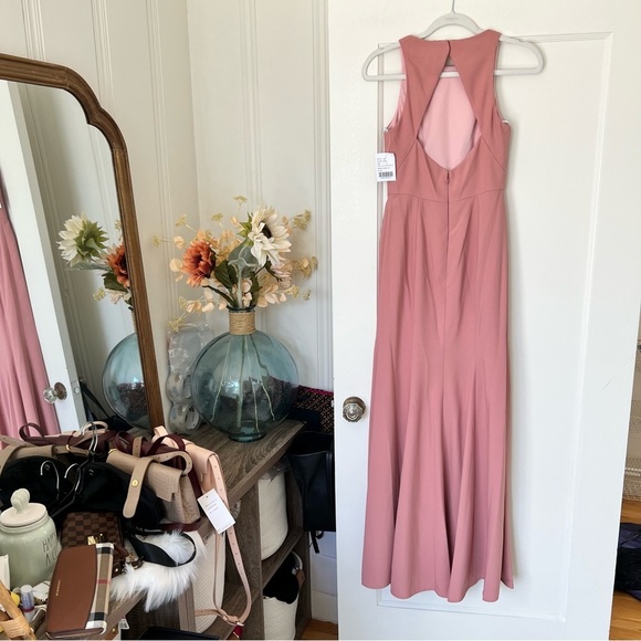 Dessy Collection DIAMOND CUTOUT BACK TRUMPET GOWN WITH FRONT SLIT IN DESERT ROSE - Picture 7 of 12